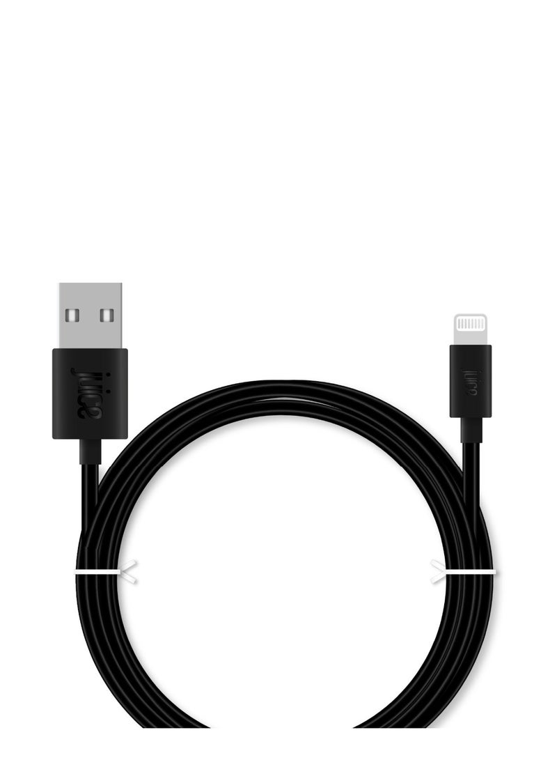 جوس كابل JUICE XXL USB-A إلى Apple Lightning، مصنوع من مادة TPE معاد تدويرها بنسبة 100% ومعزّز للمتانة، يدعم الشحن ونقل البيانات، معتمد من MFI للشحن السريع، متوافق مع أحدث الطرازات: iPhone و16 و15 و14 و13 و12 و11 Pro Max وXR وXS وX و8 وSE، بالإضافة إلى iPad، بطول 3 أمتار، باللون الأسود. - Image 2
